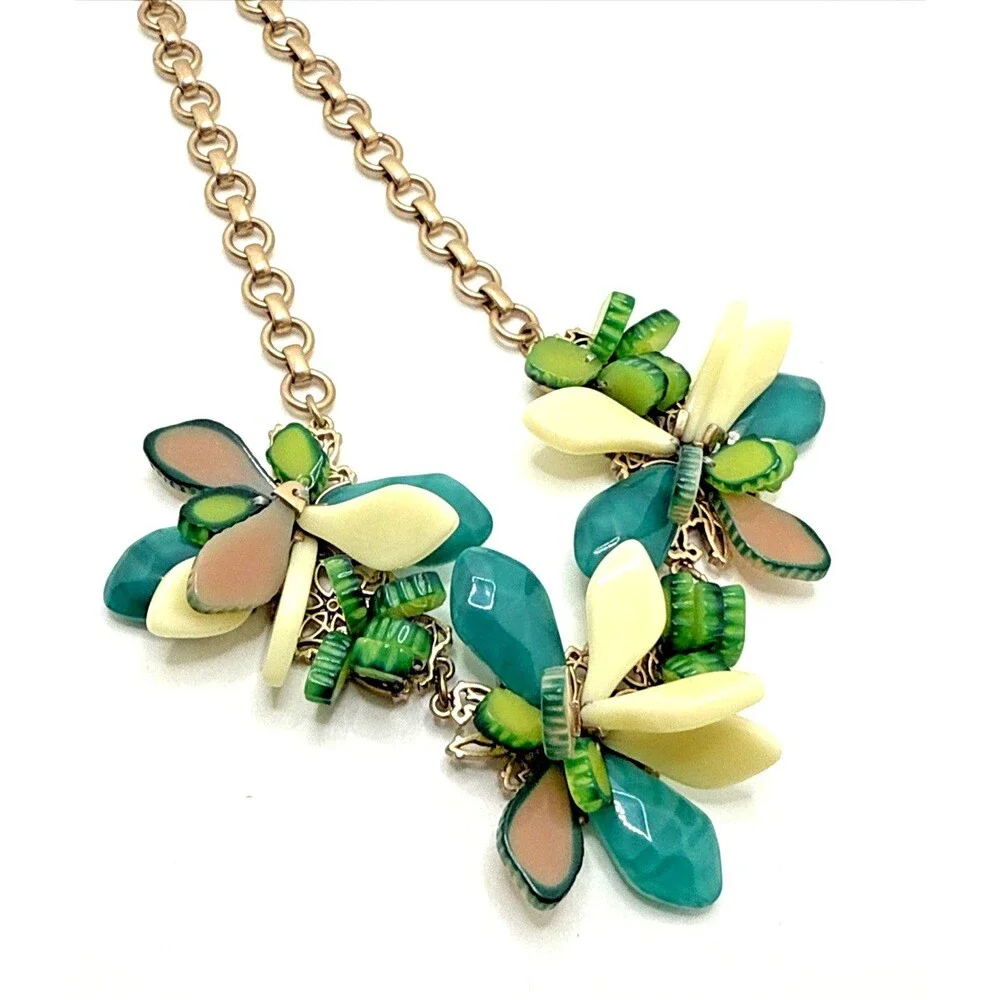 Talbots Green White Floral Necklace Gold Tone Statement Bib Runway 18-21